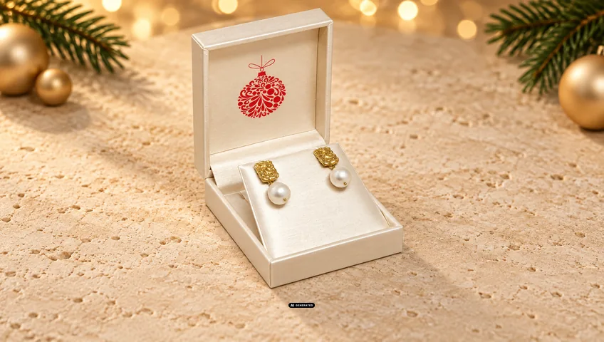 Écrin à bijoux LESER 5530 BRILLIANT crème, ouvert, avec le motif de Noël BAUBLE en rouge à l'intérieur du couvercle